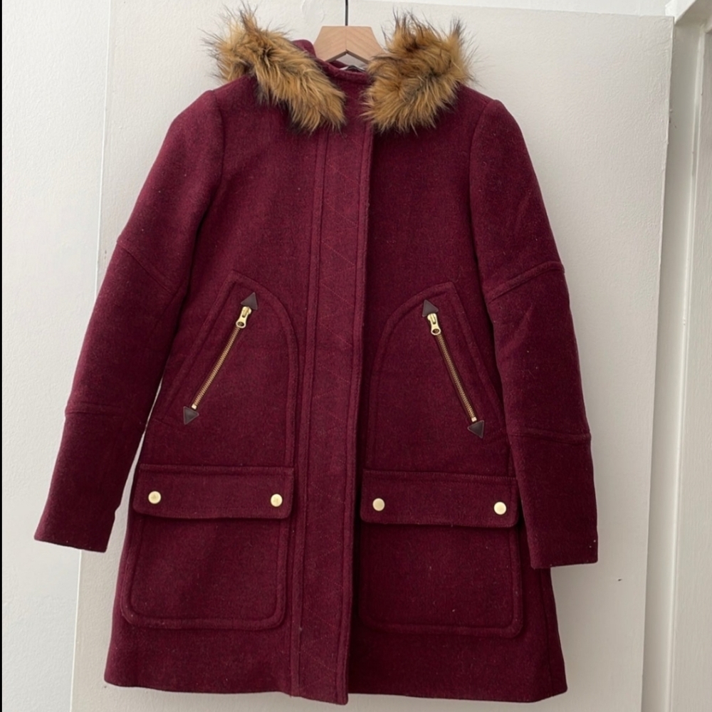 J Crew Chateau Parka in Italian Stadium-Cloth Burgundy, Size 0